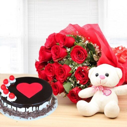 Combo of Teddy, Rose N Cake — Online Delivery in Guwahati | Petalscart