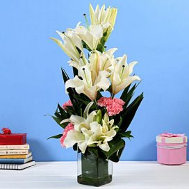 Lilies & Carnations in Glass Vase