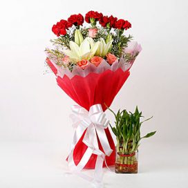 Mixed Flowers & Bamboo Plant