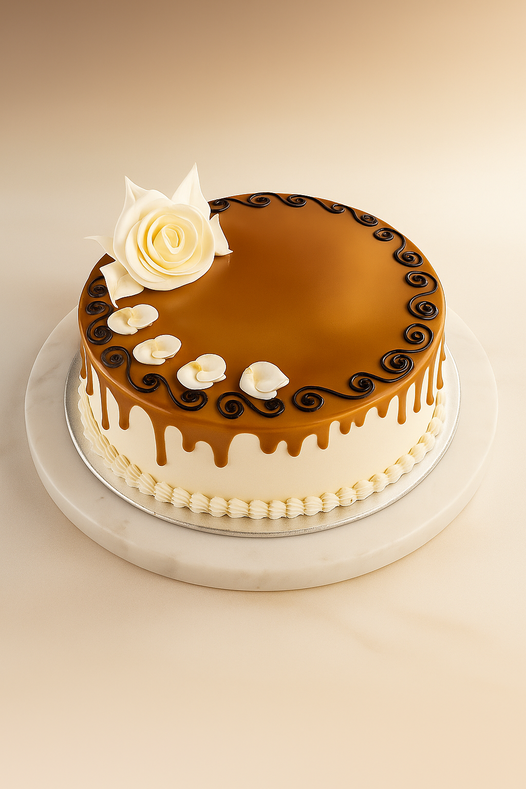 caramel cake Round caramel cake with white rose decoration, ideal for celebrations in Guwahati