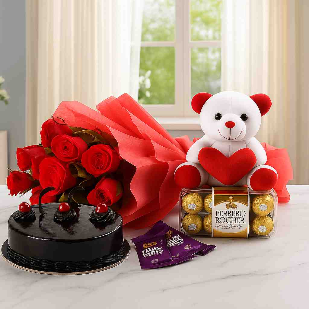 romantic gift combo Romantic gift combo with red roses, chocolate, cake, Ferrero Rocher chocolates, and a teddy bear – perfect for Valentine’s Day, anniversary & birthday gift.
