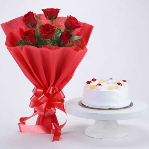 Pineapple Cake and Roses Combo — Online Delivery in Guwahati | Petalscart