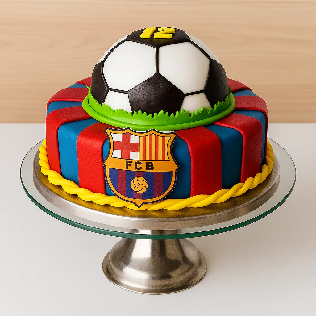 FCB football cake FCB football cake with fondant football on top, perfect for kids and football fans in Guwahati.