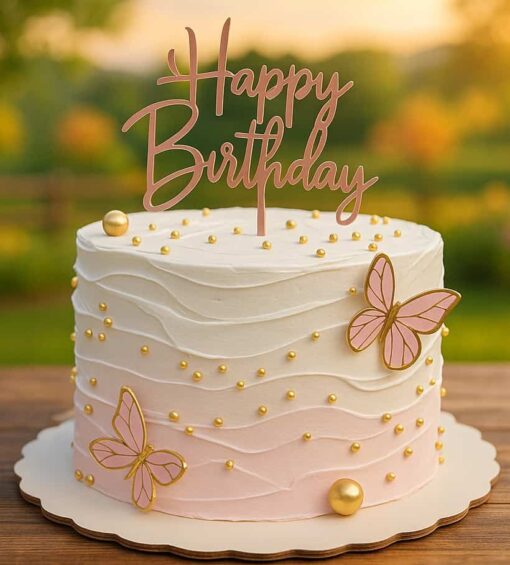 Pink and white butterfly birthday cake with golden pearls, perfect for celebrations in Guwahati