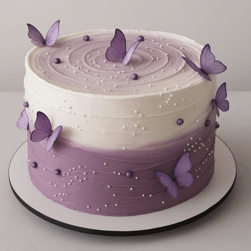 Elegant purple butterfly cake with ombre frosting and pearl decorations, available for delivery in Guwahati