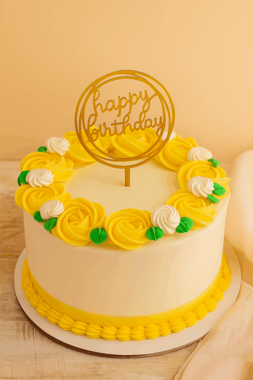 Yellow rosette birthday cake with fresh cream & floral design - Guwahati delivery
