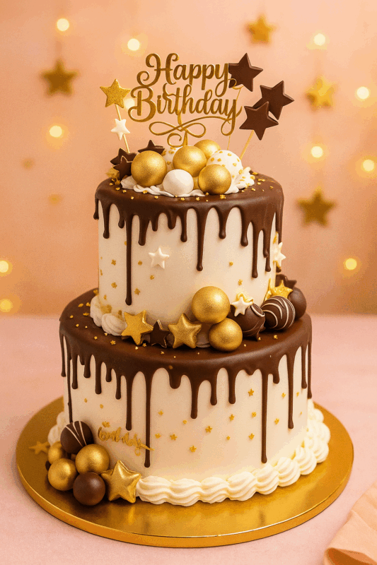 Two-tier luxury chocolate birthday cake with golden balls and stars – available in Guwahati for delivery