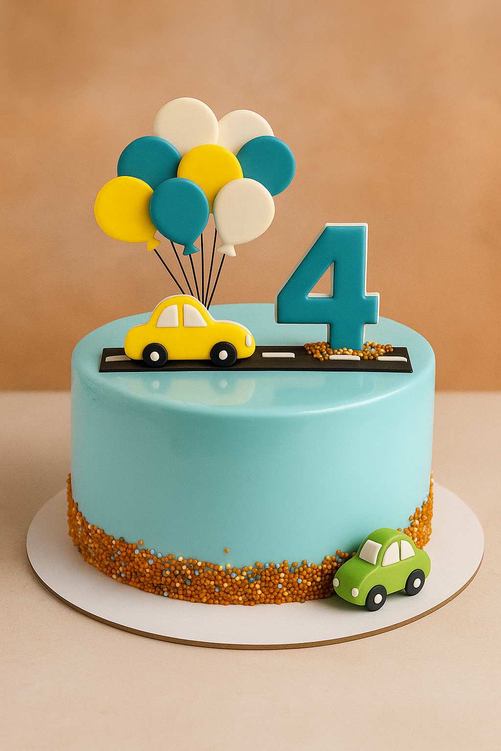 car theme birthday cake Custom car theme birthday cake for boys in Guwahati with yellow and green cars, blue glaze, balloons, and road design