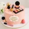 Makeup theme birthday cake in Guwahati with fondant cosmetics design and elegant pastel finish