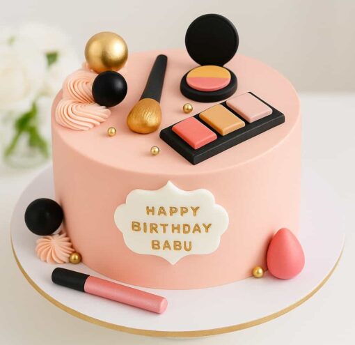 Makeup theme birthday cake in Guwahati with fondant cosmetics design and elegant pastel finish
