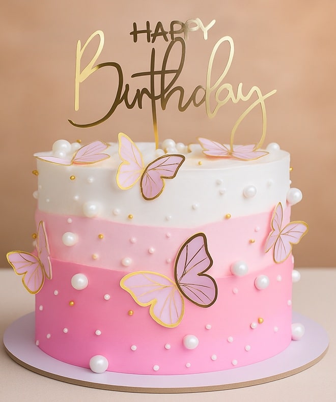 pink butterfly birthday cake Pink butterfly birthday cake for girls with pearls and pastel design - Available for delivery in Guwahati