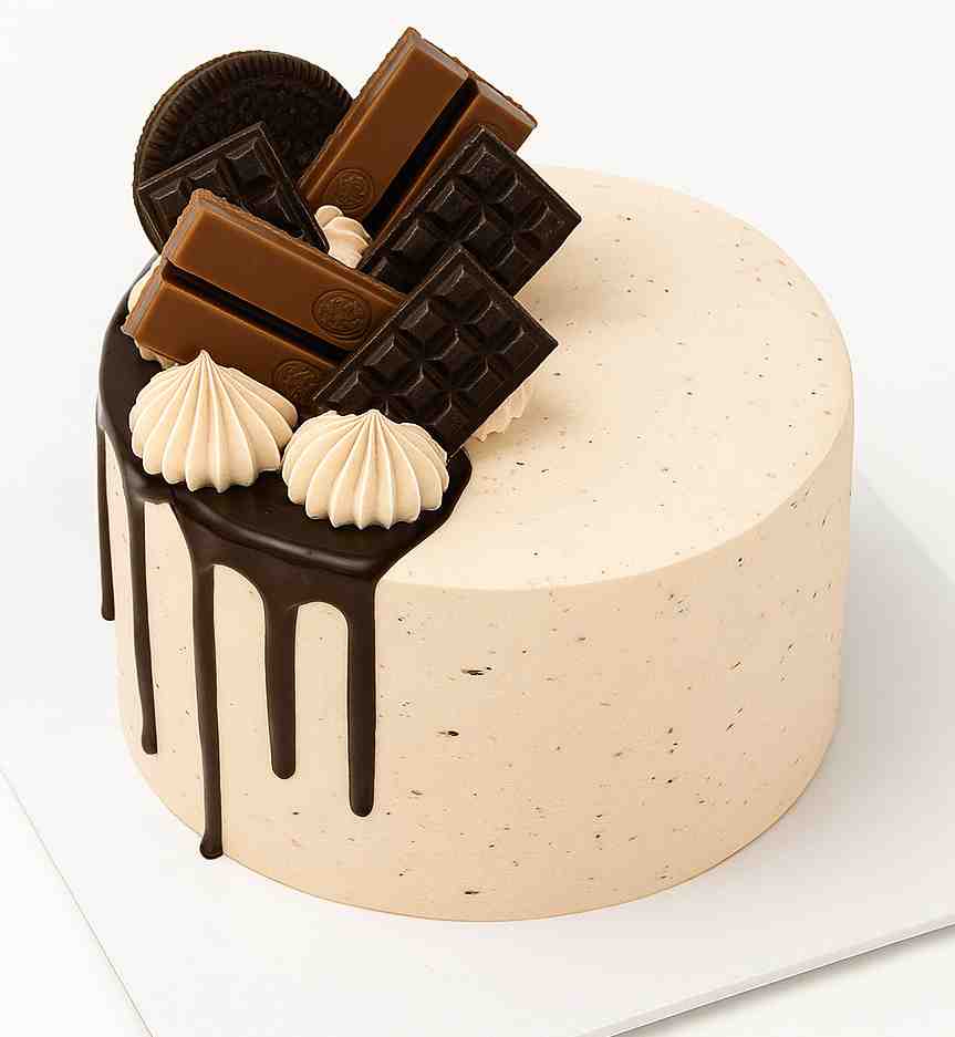 premium chocolate overload cake Round premium chocolate overload cake topped with KitKat, Oreo, and chocolate drip – available for delivery in Guwahati