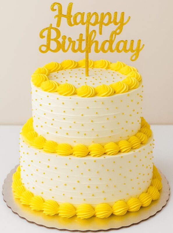 Elegant two-tier yellow birthday cake with golden icing, perfect for celebrations, available for online delivery in Guwahati.
