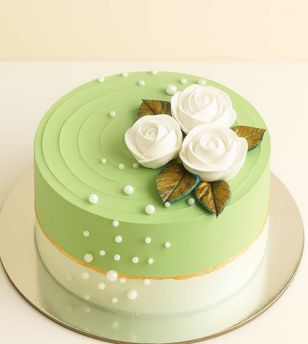 elegant green white rose cake Elegant green and white rose cake with fondant roses and pearls – order online in Guwahati for birthdays and celebrations