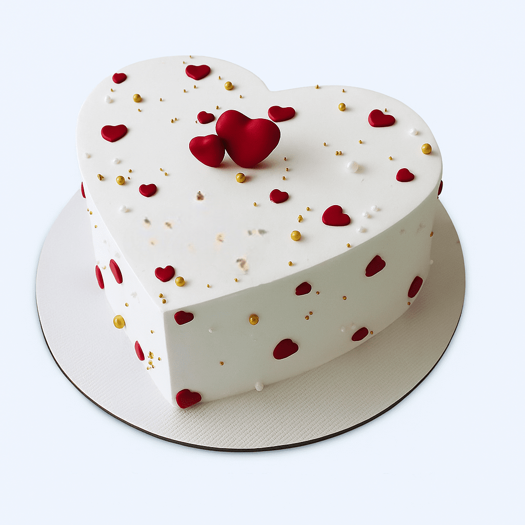romantic heart shape cake Romantic heart shape cake with red hearts and white cream, perfect for romantic celebrations in Guwahati.