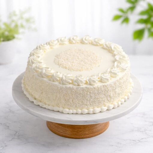Classic White Forest Cake with fresh whipped cream and white chocolate shavings on marble cake stand delivery in guwahati