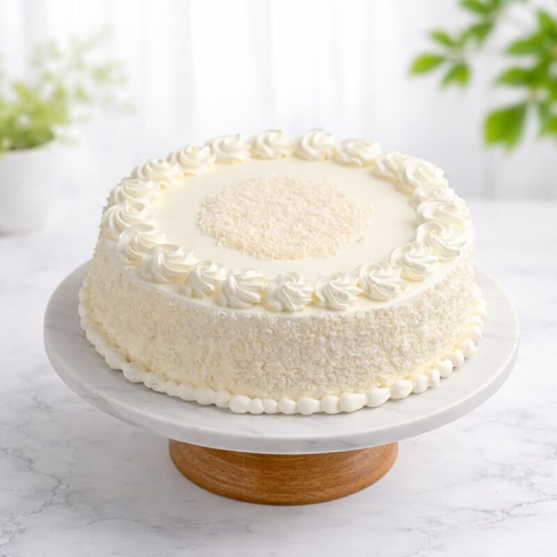 Classic White Forest Cake with fresh whipped cream and white chocolate shavings on marble cake stand delivery in guwahati