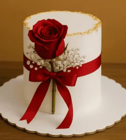 Elegant Red Rose Cream Cake with golden edge and red ribbon – romantic designer cake in Guwahati.
