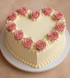 Romantic heart shape rose cake decorated with pink buttercream roses and green leaves, available for delivery in Guwahati.
